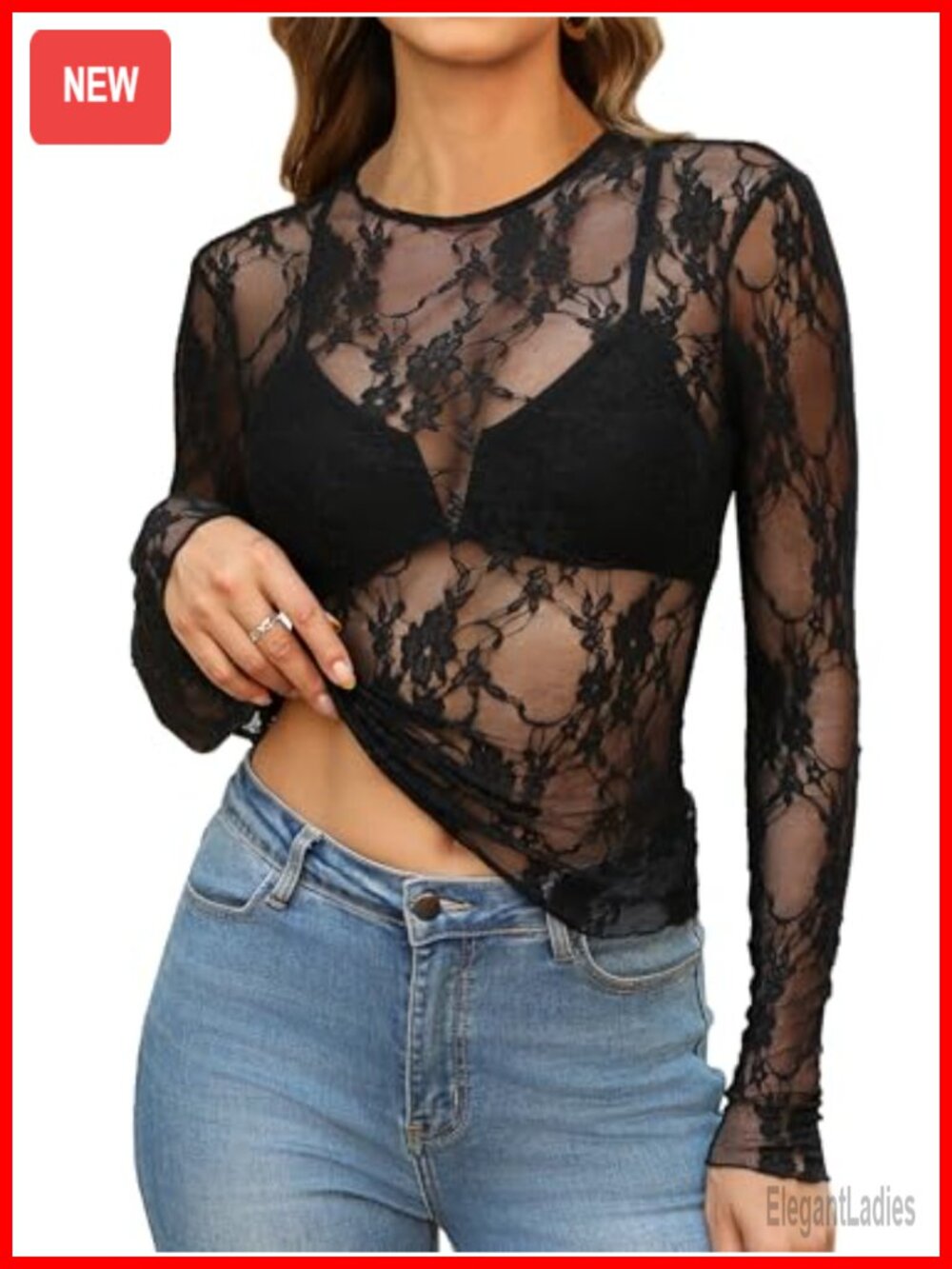 Womens Mesh Lace Long Sleeve Crewneck Slim Fitted See Through Blouse